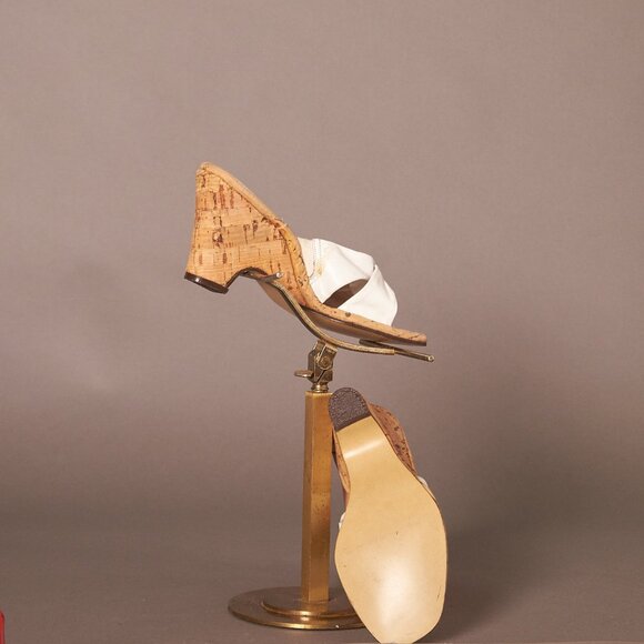 1950s Penaljo Cork Heels White Leather Wedge Sandals Shoes